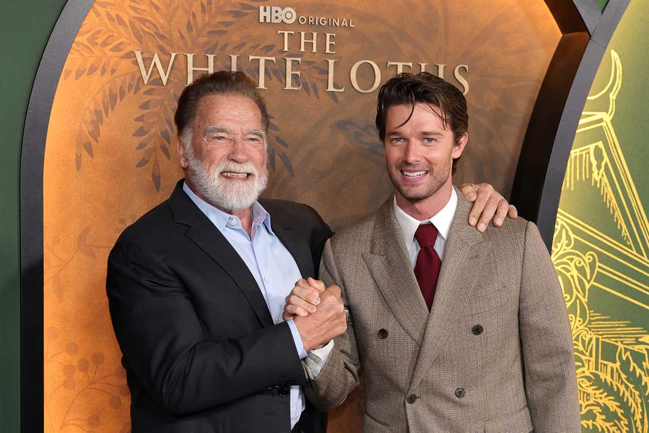 LOS ANGELES, CALIFORNIA - FEBRUARY 10: Arnold Schwarzenegger and Patrick Schwarzenegger arrive at the Los Angeles Premiere Of HBO Original Series "The White Lotus" Season 3 at Paramount Theatre on February 10, 2025 in Los Angeles, California. (Photo by Maya Dehlin Spach/WireImage)