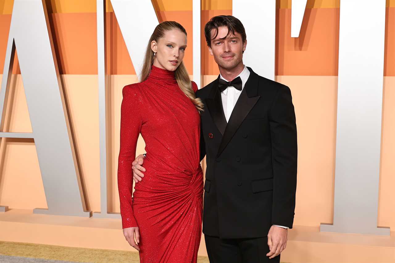 Abby Champion and Patrick Schwarzenegger at the 2025 Vanity Fair Oscar Party at Wallis Annenberg Center for the Performing Arts on March 2, 2025 in Beverly Hills, California. 