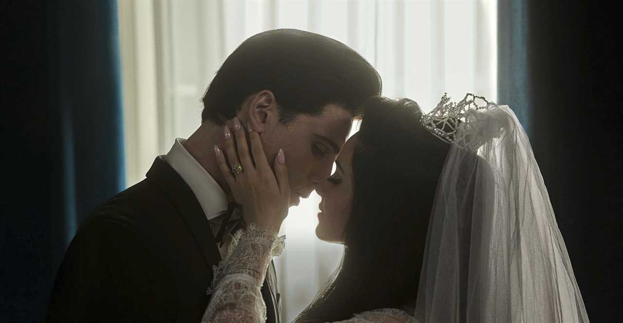 This image released by A24 shows Jacob Elordi as Elvis, left, and Cailee Spaeny as Priscilla, in a scene from "Priscilla."