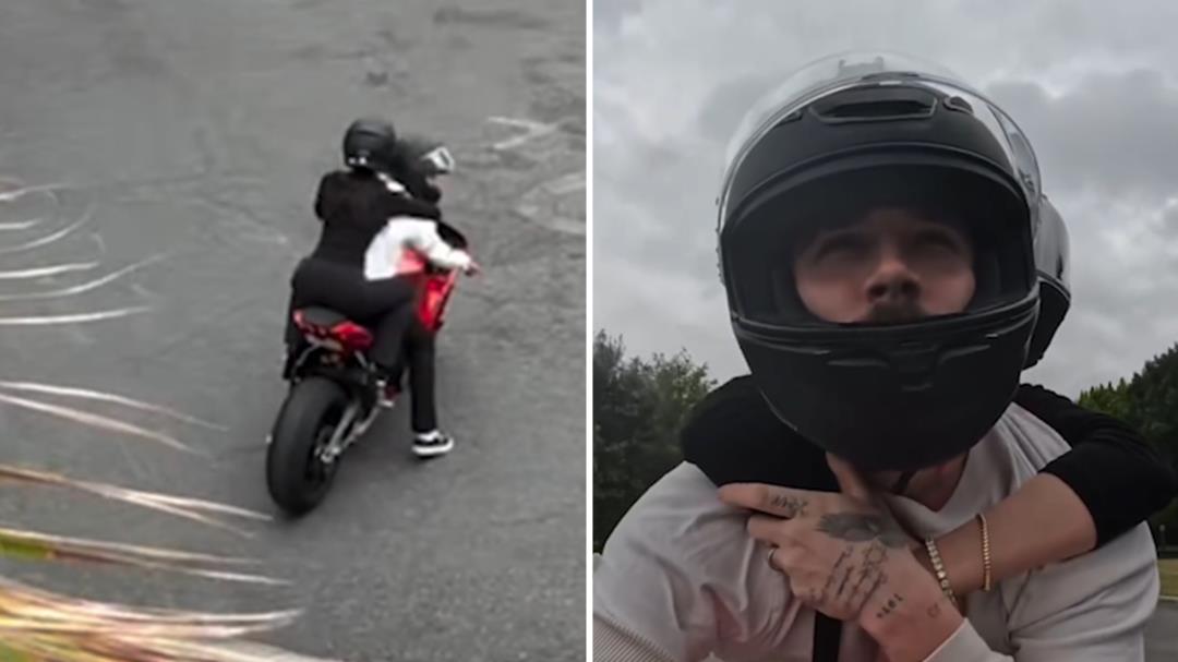 Brooklyn Beckham riding his motorbike with wife Nicola Peltz