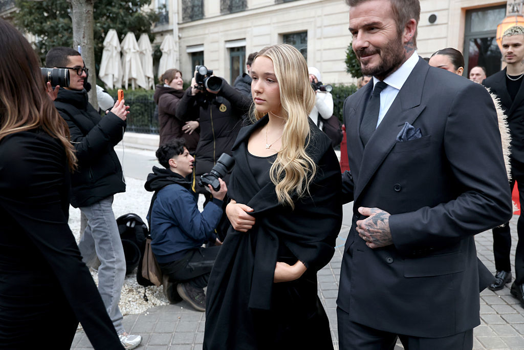 PARIS, FRANCE - JANUARY 26: Harper Beckham and David Beckham are seen during the Haute Couture Spring Summer 2026 as part of Paris Fashion Week on January 26, 2026 in Paris, France. (Photo by Pierre Suu/GC Images)