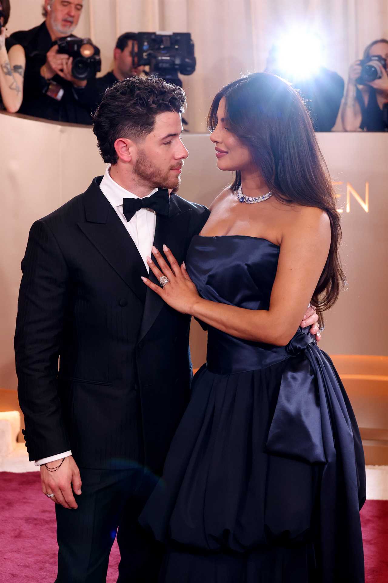 Priyanka Chopra Jonas and Nick Jonas attend the 83rd Annual Golden Globe Awards at The Beverly Hilton on January 11, 2026 in Beverly Hills, California. 