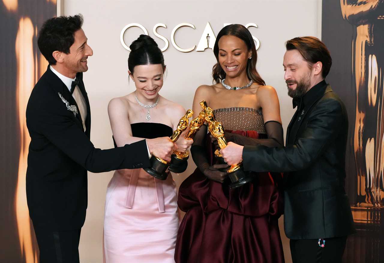 2025 Acadmey Awards big winners Adrien Brody (Best Actor, Mikey Madison (Best Actress), Zoe Saldaña (Best Actress in a Supporting Role),  Kieran Culkin (Best Actor in a Supporting Role) March 2, 2025.