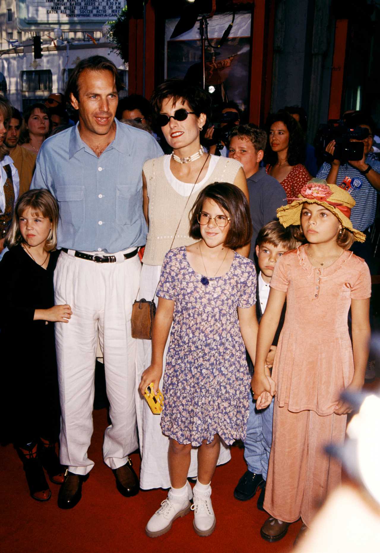 Kevin Costner and former wife Cindy Silva with children Annie, Lily and Joe arrive at the Wyatt Earp premiere on June 18, 1994.