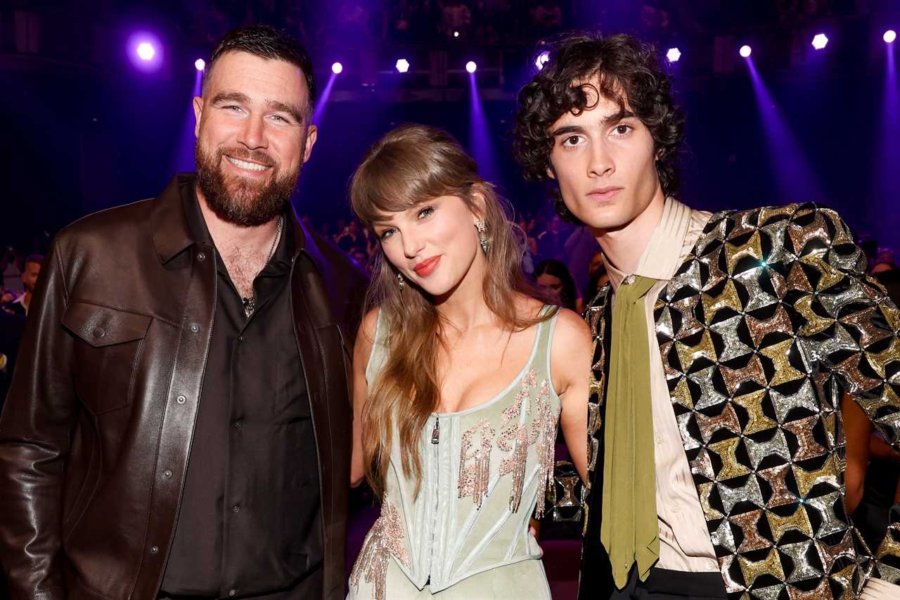 Travis Kelce, Taylor Swift and Sombr at the 2026 iHeartRadio Music Awards held at Dolby Theatre on March 26, 2026 in Los Angeles, California. (Photo by Christopher Polk/Billboard via Getty Images)