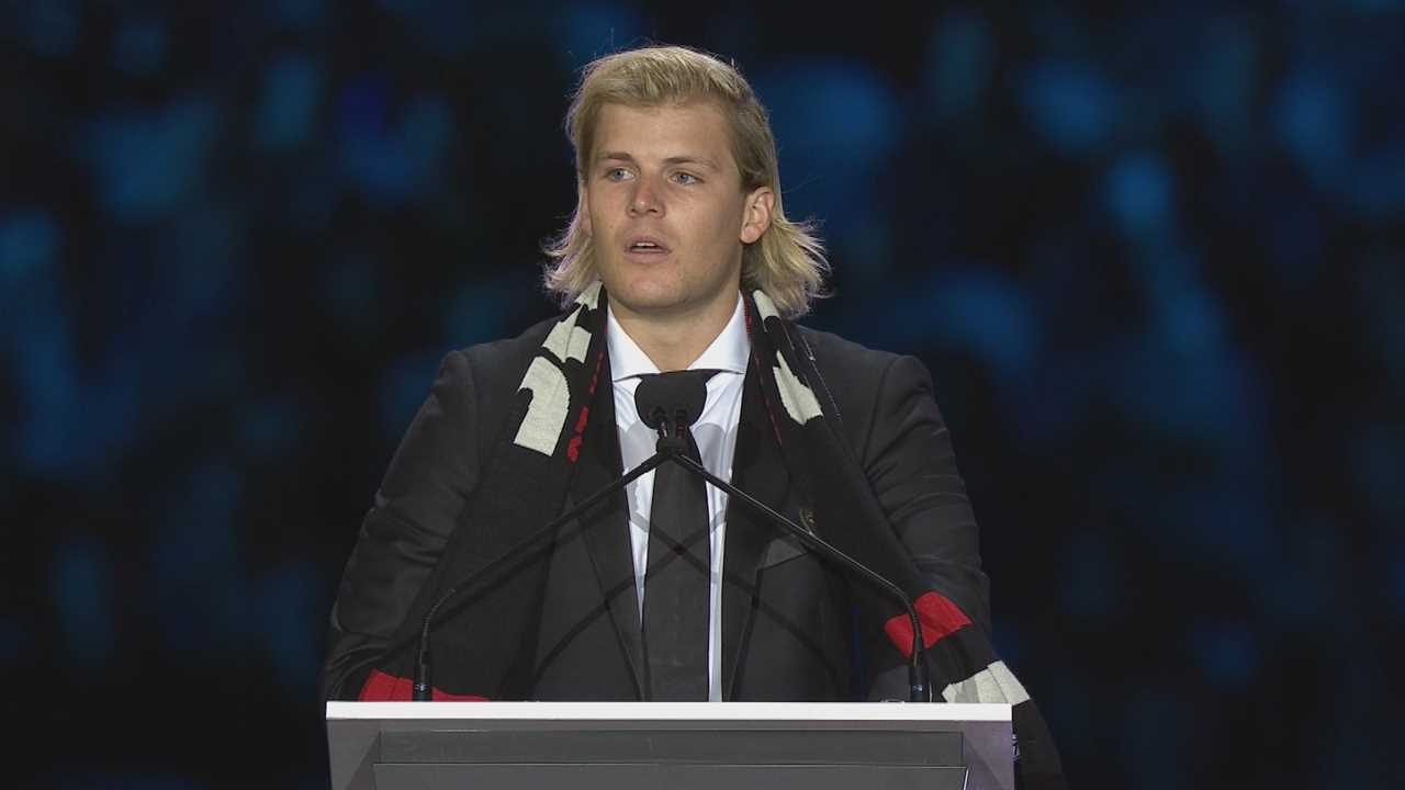 Jackson Warne speaks at the memorial for his father Shane Warne
