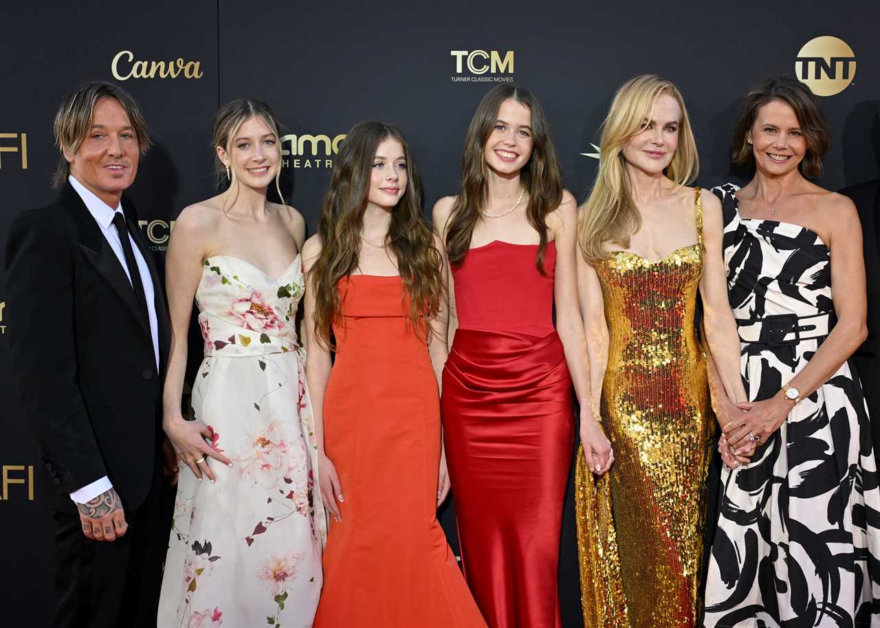 Keith Urban, Sunday Rose Kidman Urban, Faith Margaret Kidman Urban, Sybella Hawley, Nicole Kidman, and Antonia Kidman attend the 49th AFI Life Achievement Award Gala Tribute Celebrating Nicole Kidman at Dolby Theatre on April 27, 2024 in Hollywood, California