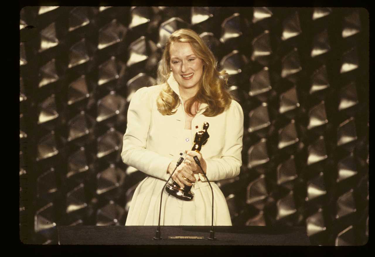Meryl Streep with the Best Supporting Actor Academy Award she won on April 14, 1980 for her role in Kramer vs Kramer.