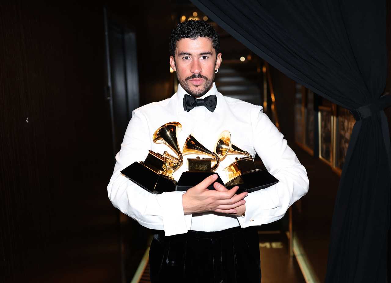 Bad Bunny poses with the Album of the Year, Best Música Urbana Album, and Best Global Music Performance Awards during the 68th GRAMMY Awards at Crypto.com Arena on February 01, 2026 in Los Angeles, California.